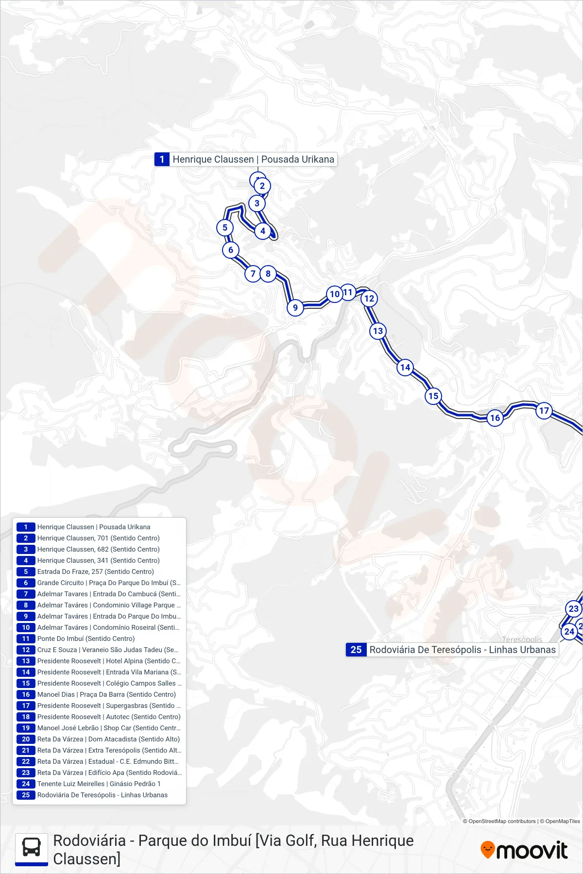 53 bus Line (Rodoviária [Via Centro]) route and stops on a map