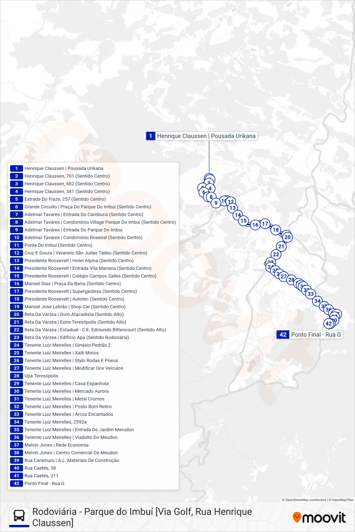 Rota e paradas da linha de ônibus  53  (Meudon Rua G [Via Bom Retiro, Upa]) no mapa