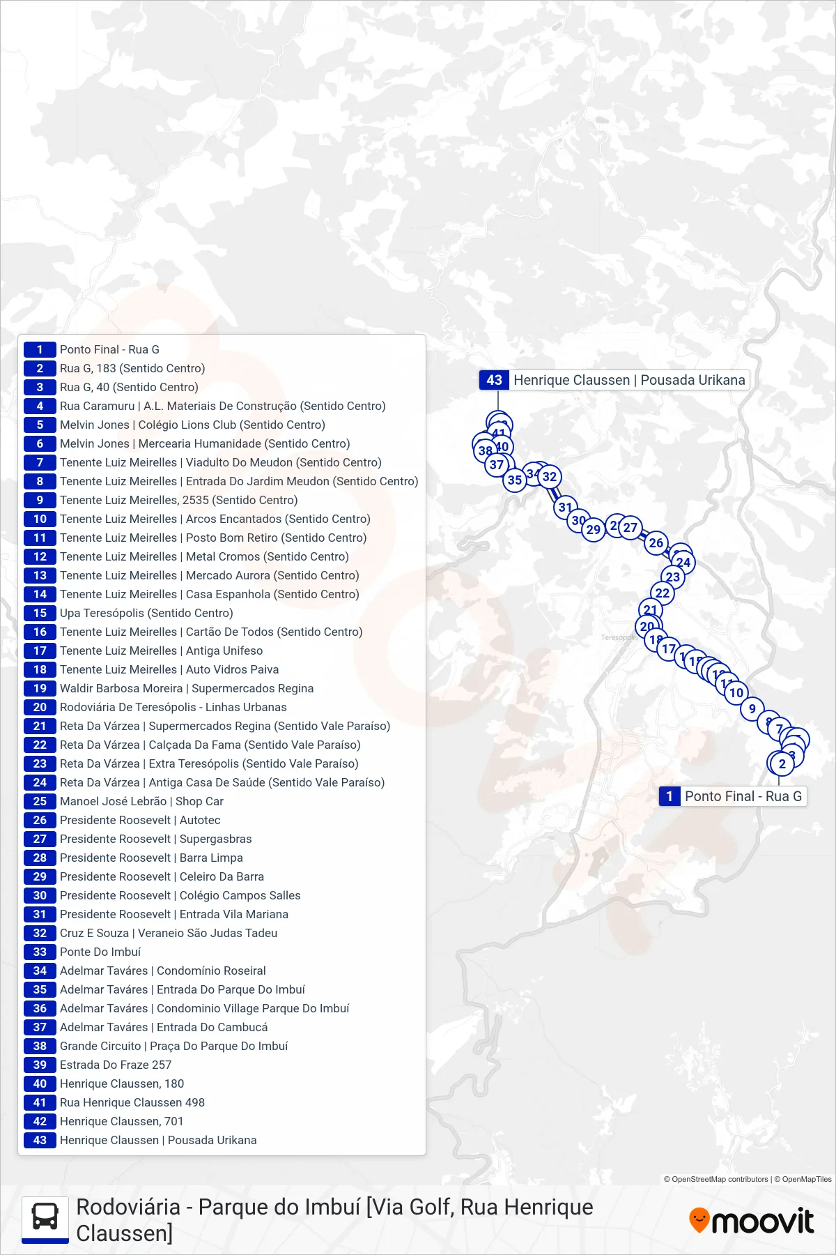 Rota e paradas da linha de ônibus  53  (Parque Imbuí [Via H. Claussen]) no mapa