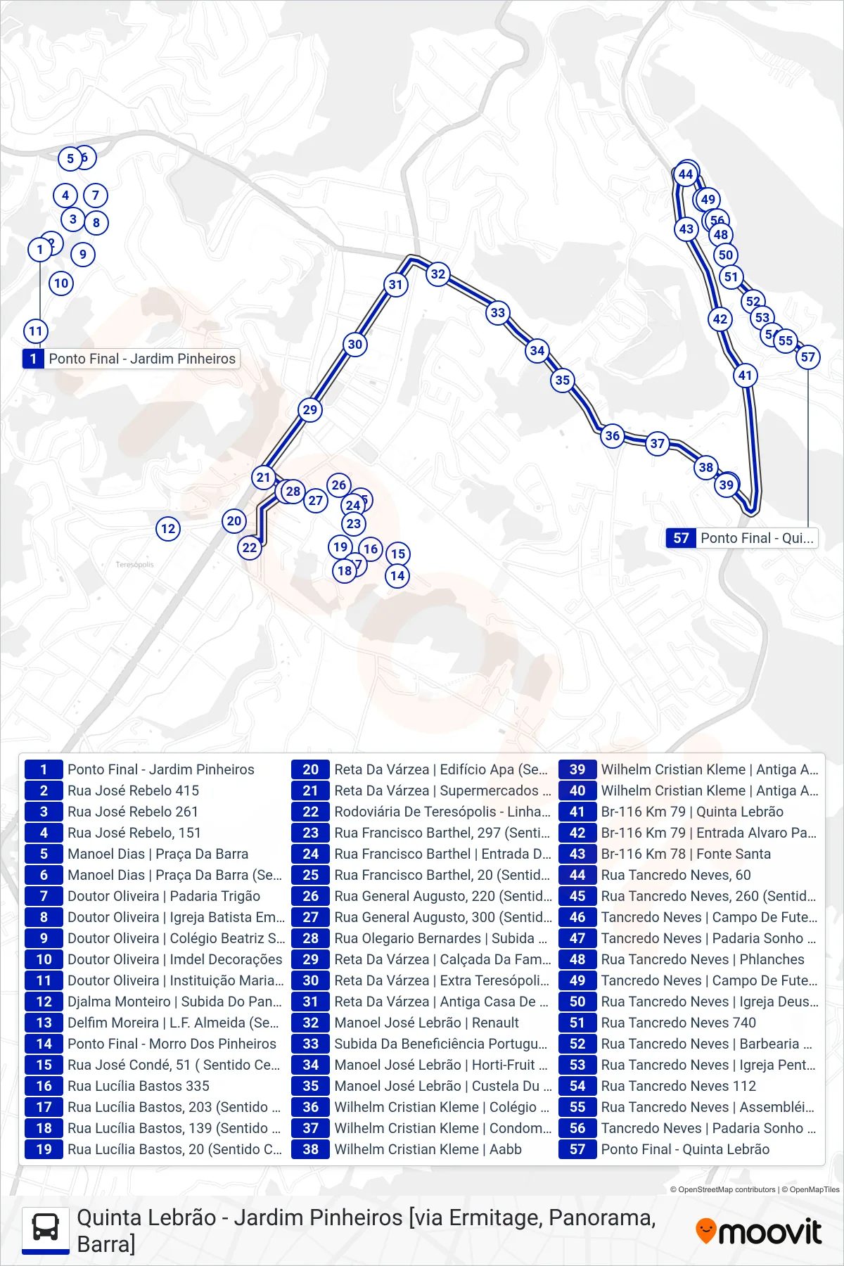 Rota e paradas da linha de ônibus  60  (Quinta Lebrão [Via Ermitage, CIEP F. Santa]) no mapa