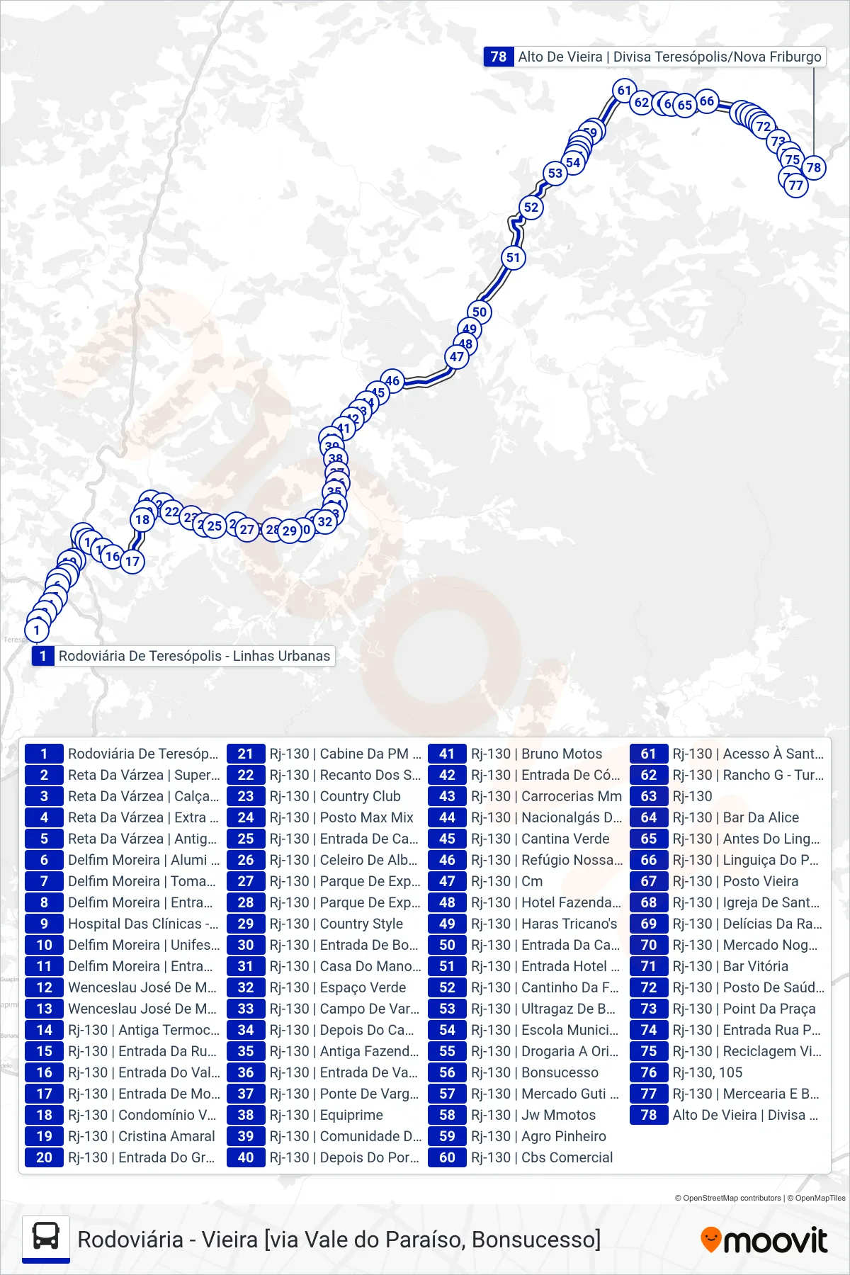 Rota e paradas da linha de ônibus  73  (Vieira [Via Bonsucesso]) no mapa