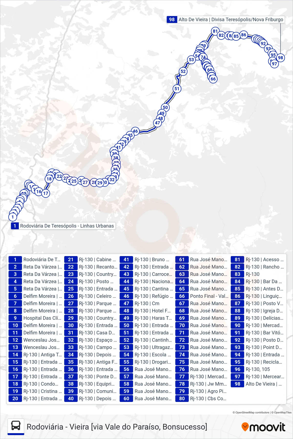 Rota e paradas da linha de ônibus  73  (Vieira [Via Bonsucesso, Lúcios]) no mapa