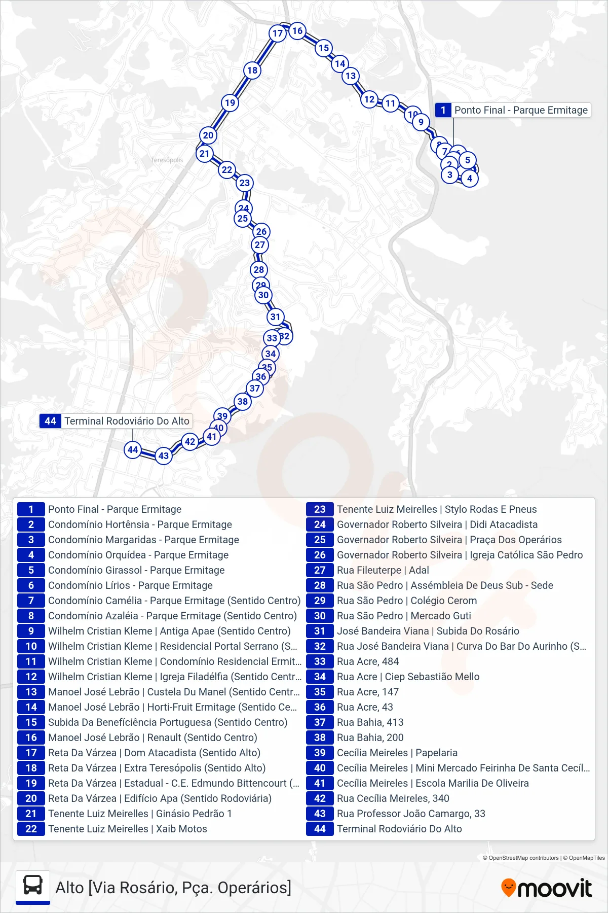 Rota e paradas da linha de ônibus  10  (Alto [Via Rosário, Pça. Operários]) no mapa