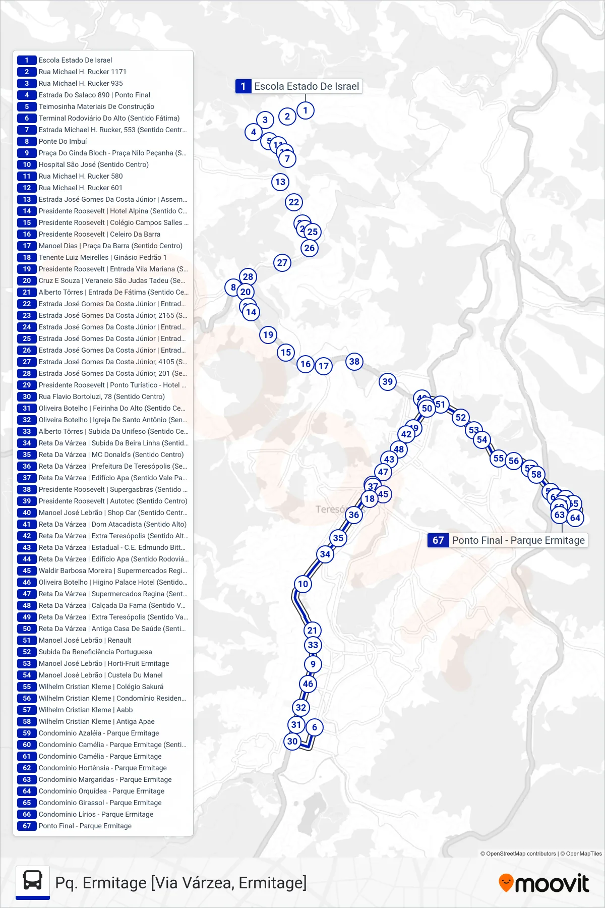 10 bus Line (Pq. Ermitage [Via Várzea, Ermitage]) route and stops on a map