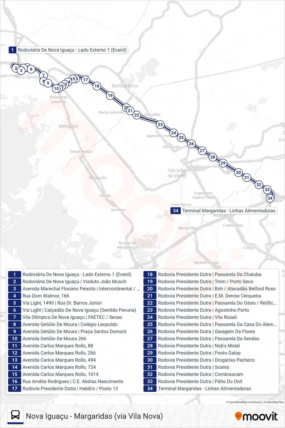 Rota e paradas da linha de ônibus 618I (Margaridas) no mapa