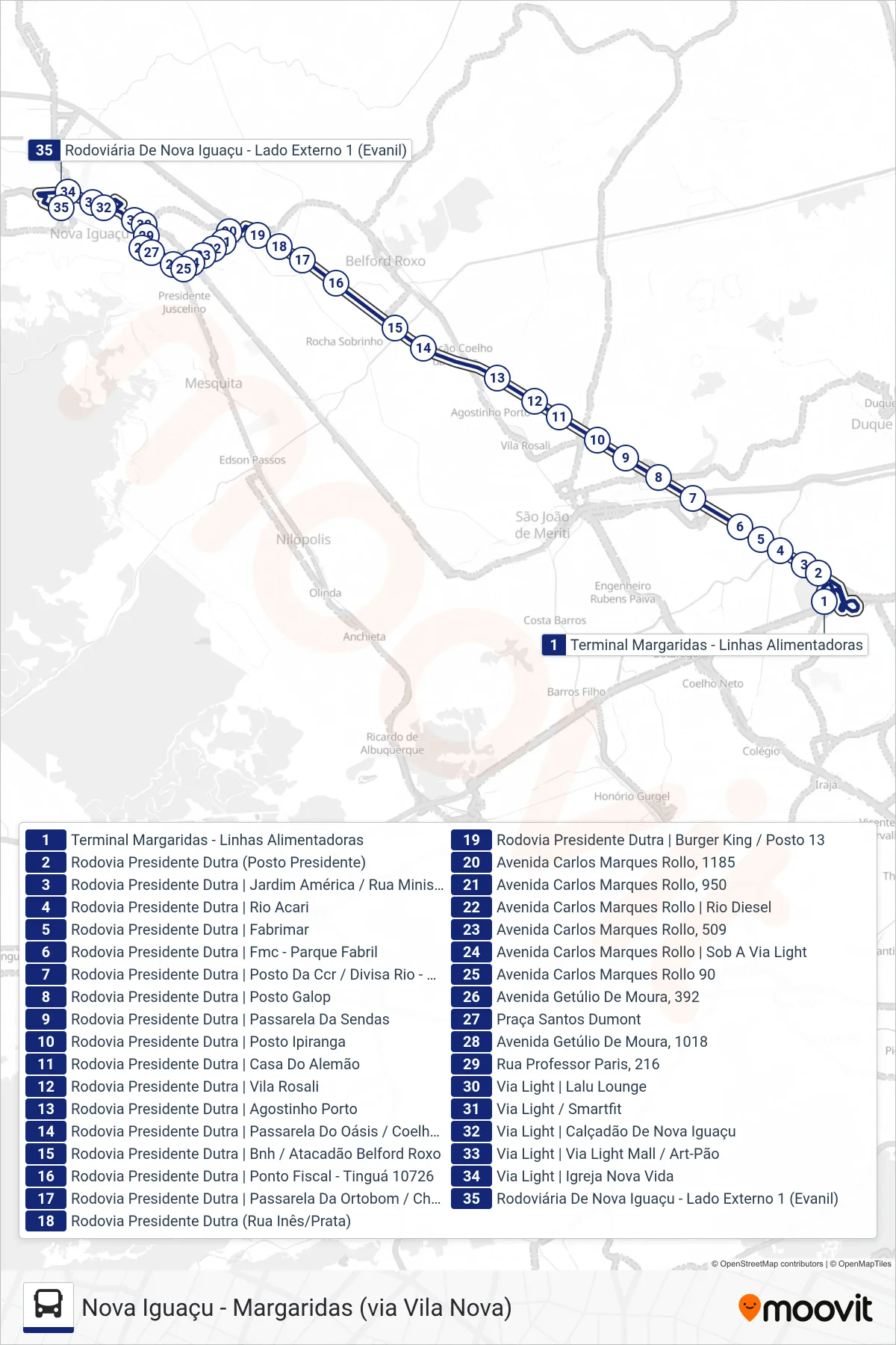 Rota e paradas da linha de ônibus 618I (Nova Iguaçu) no mapa