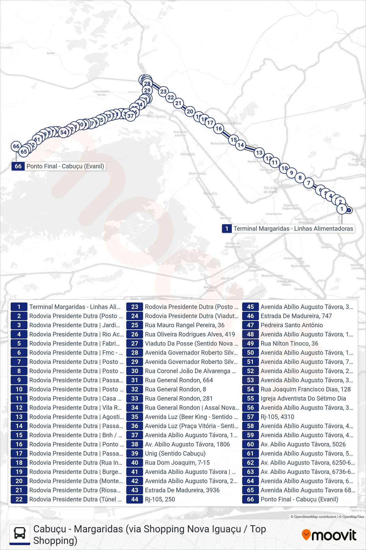 Rota e paradas da linha de ônibus 742I (Cabuçu) no mapa
