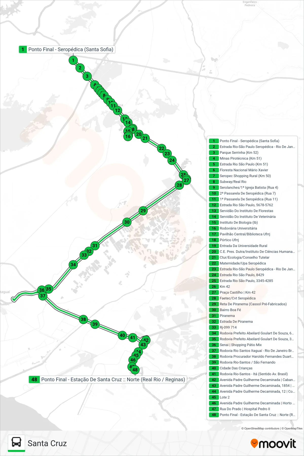 Rota e paradas da linha de ônibus 733P (Santa Cruz) no mapa