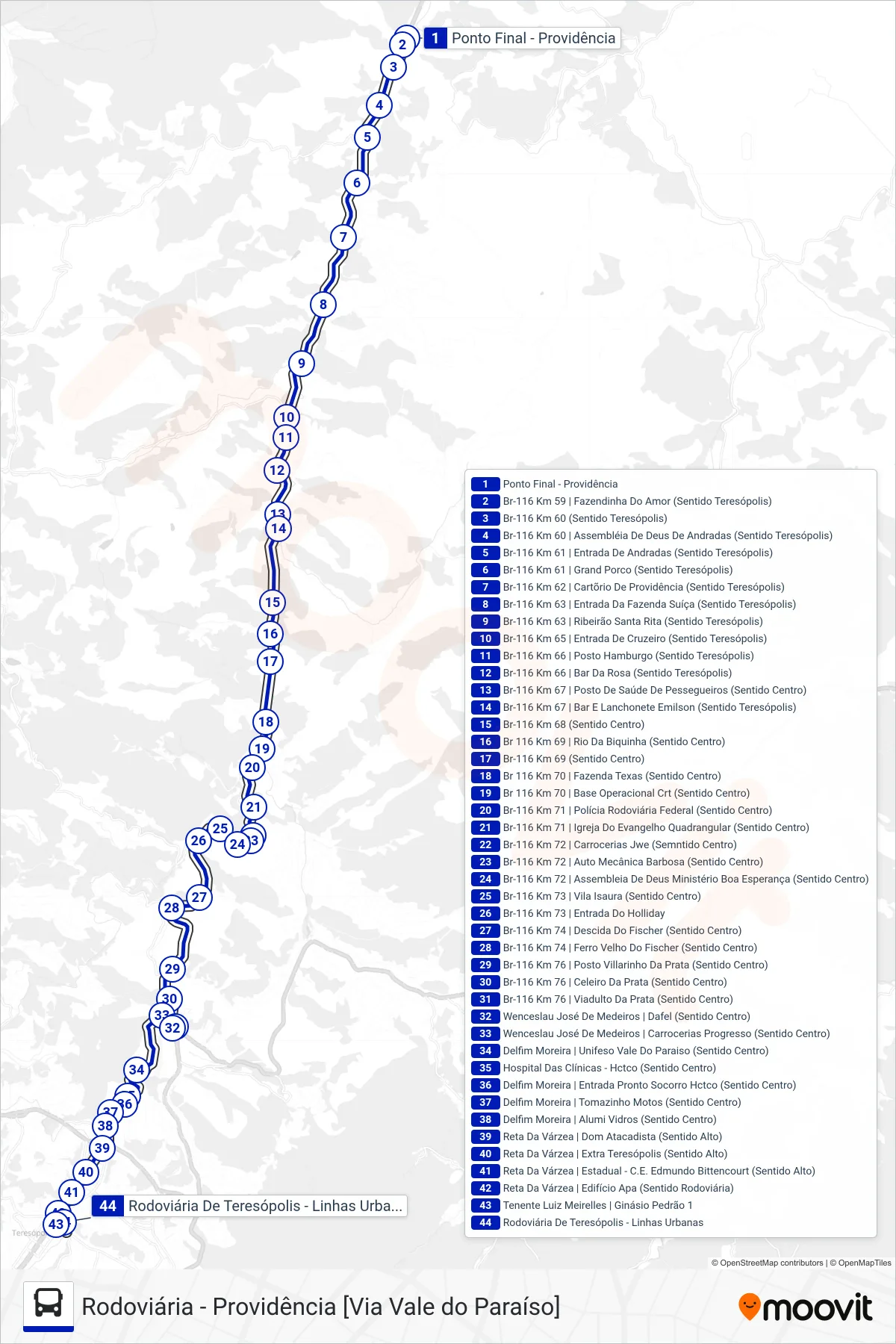 Rota e paradas da linha de ônibus  34  (Rodoviária [Via Vale do Paraíso]) no mapa