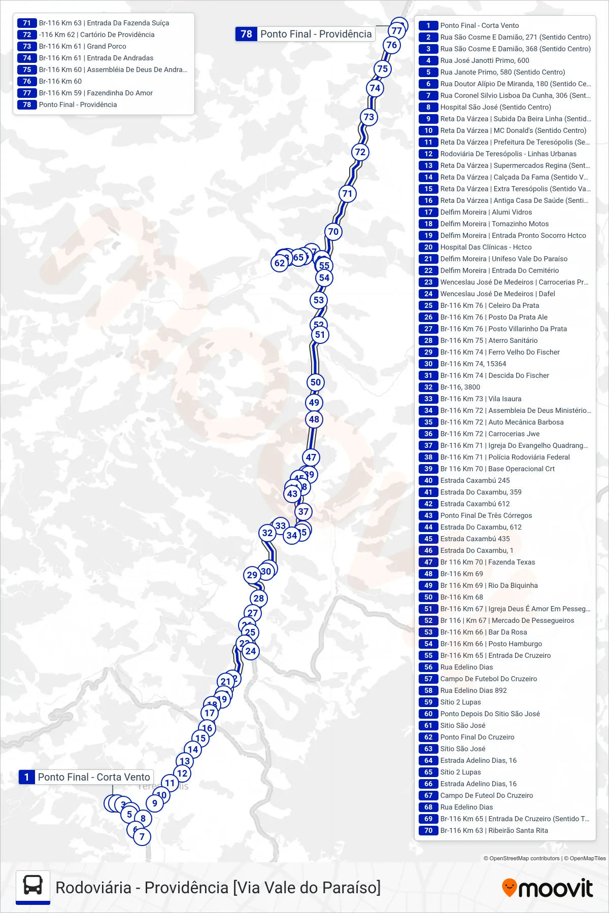 Rota e paradas da linha de ônibus  34  (Providência [Via Caxambú, Cruzeiro]) no mapa