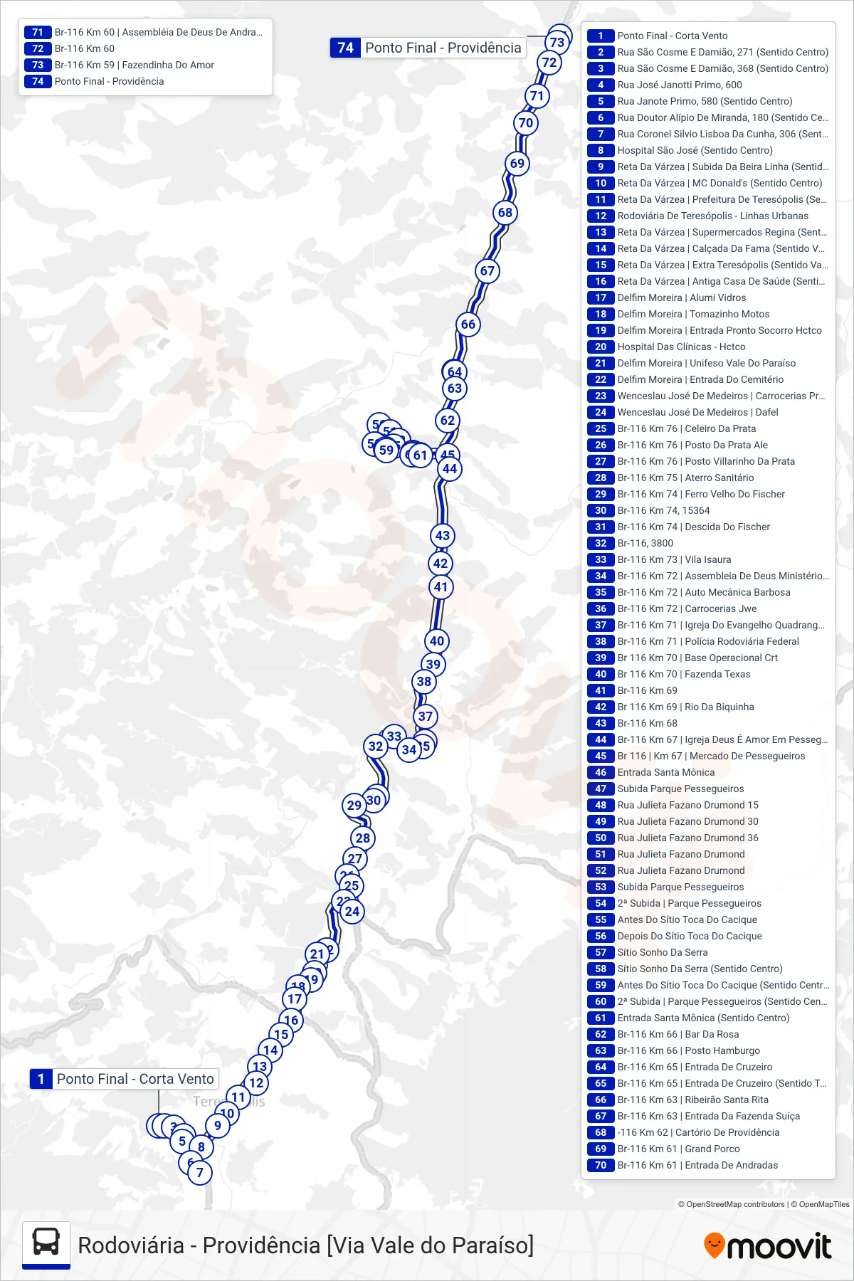 Rota e paradas da linha de ônibus  34  (Providência [Via Pq. Pessegueiros]) no mapa
