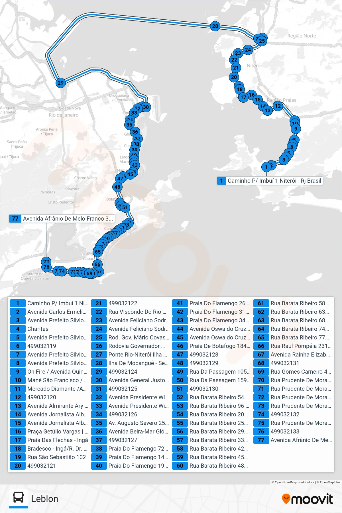 Rota e paradas da linha de ônibus 2740D (Leblon) no mapa