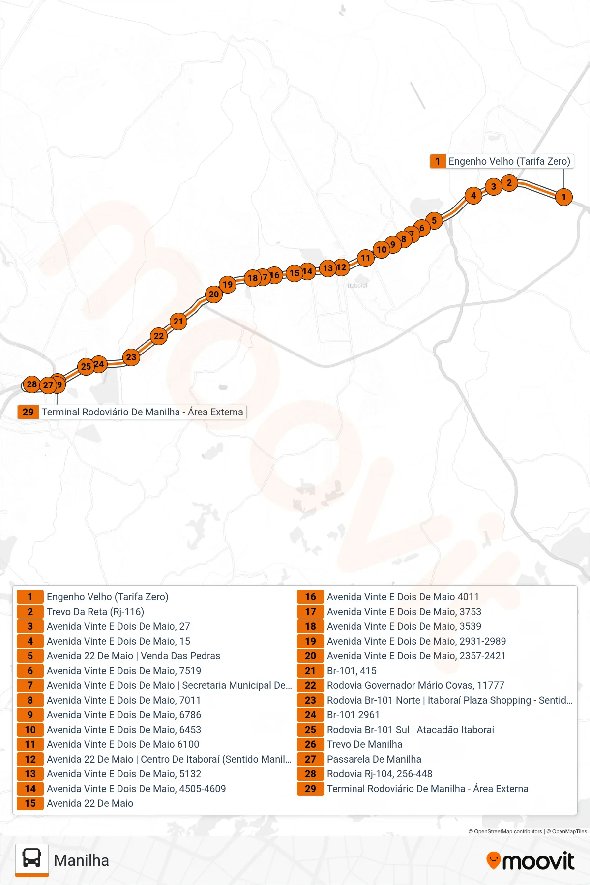 Rota e paradas da linha de ônibus 03 (Manilha) no mapa