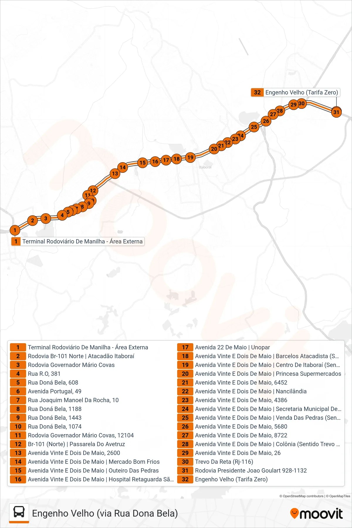 Rota e paradas da linha de ônibus 03 (Engenho Velho (via Rua Dona Bela)) no mapa