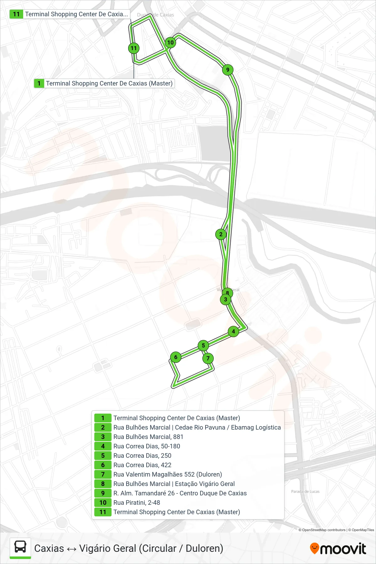 Rota e paradas da linha de ônibus  438L  (Caxias ↔ Vigário Geral (Circular / Duloren)) no mapa