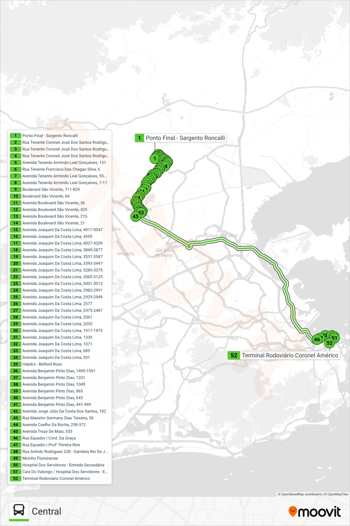 1522B bus Line (Central) route and stops on a map