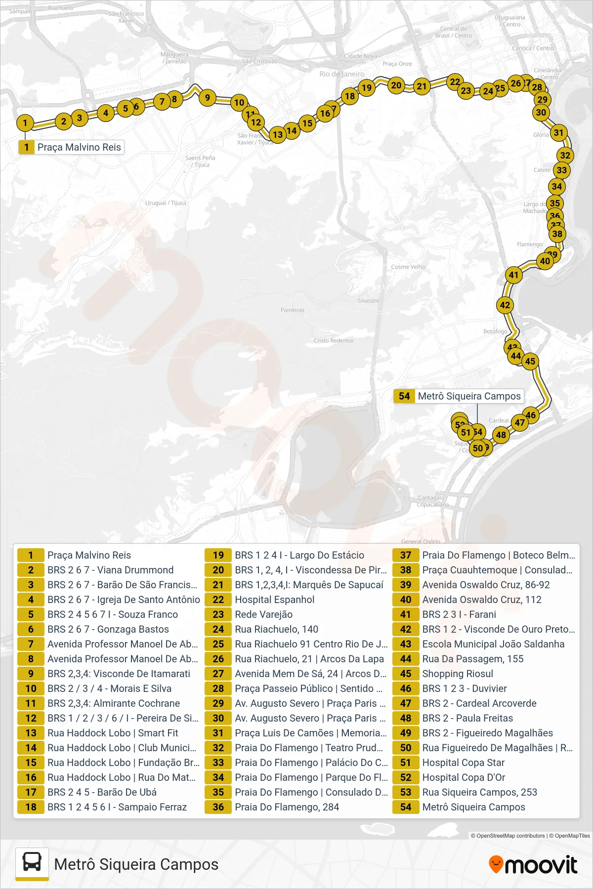 Rota e paradas da linha de ônibus 433 (Metrô Siqueira Campos) no mapa