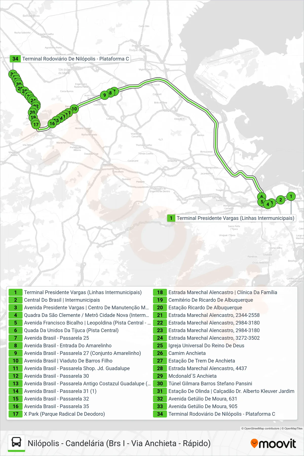 Rota e paradas da linha de ônibus 124B (Nilópolis) no mapa