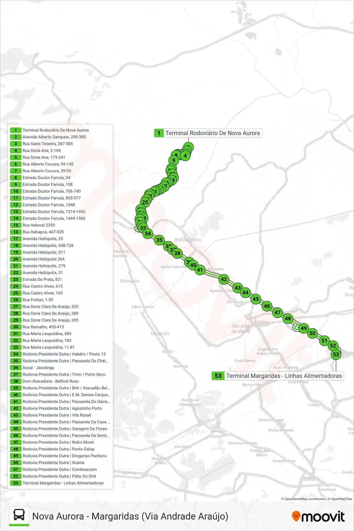 Rota e paradas da linha de ônibus 718I (Nova Aurora) no mapa