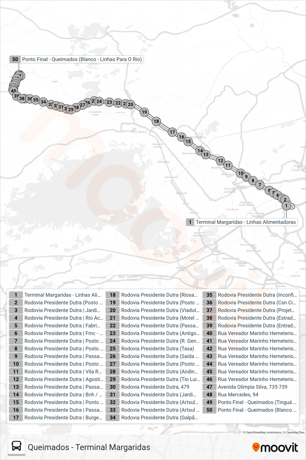 Rota e paradas da linha de ônibus 441I (Queimados) no mapa
