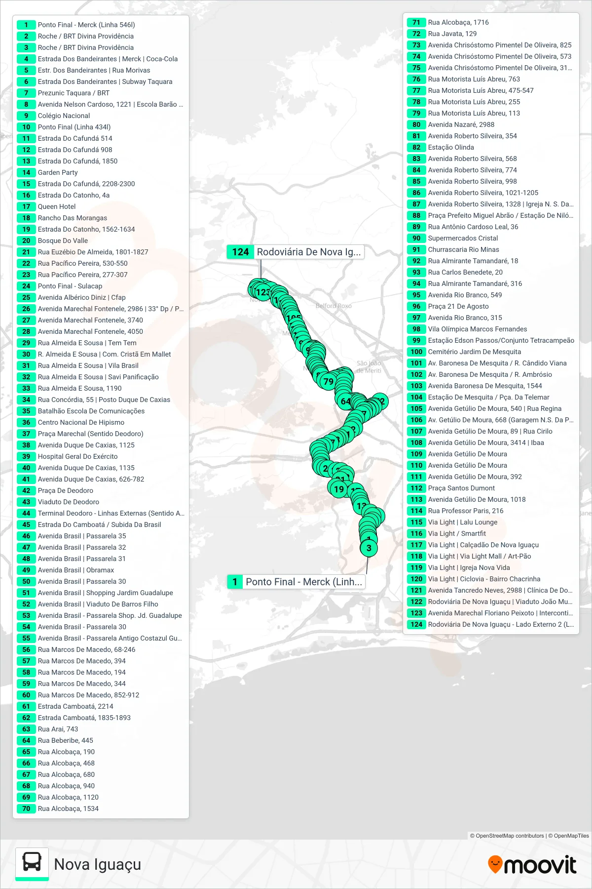Rota e paradas da linha de ônibus 434L (Nova Iguaçu) no mapa