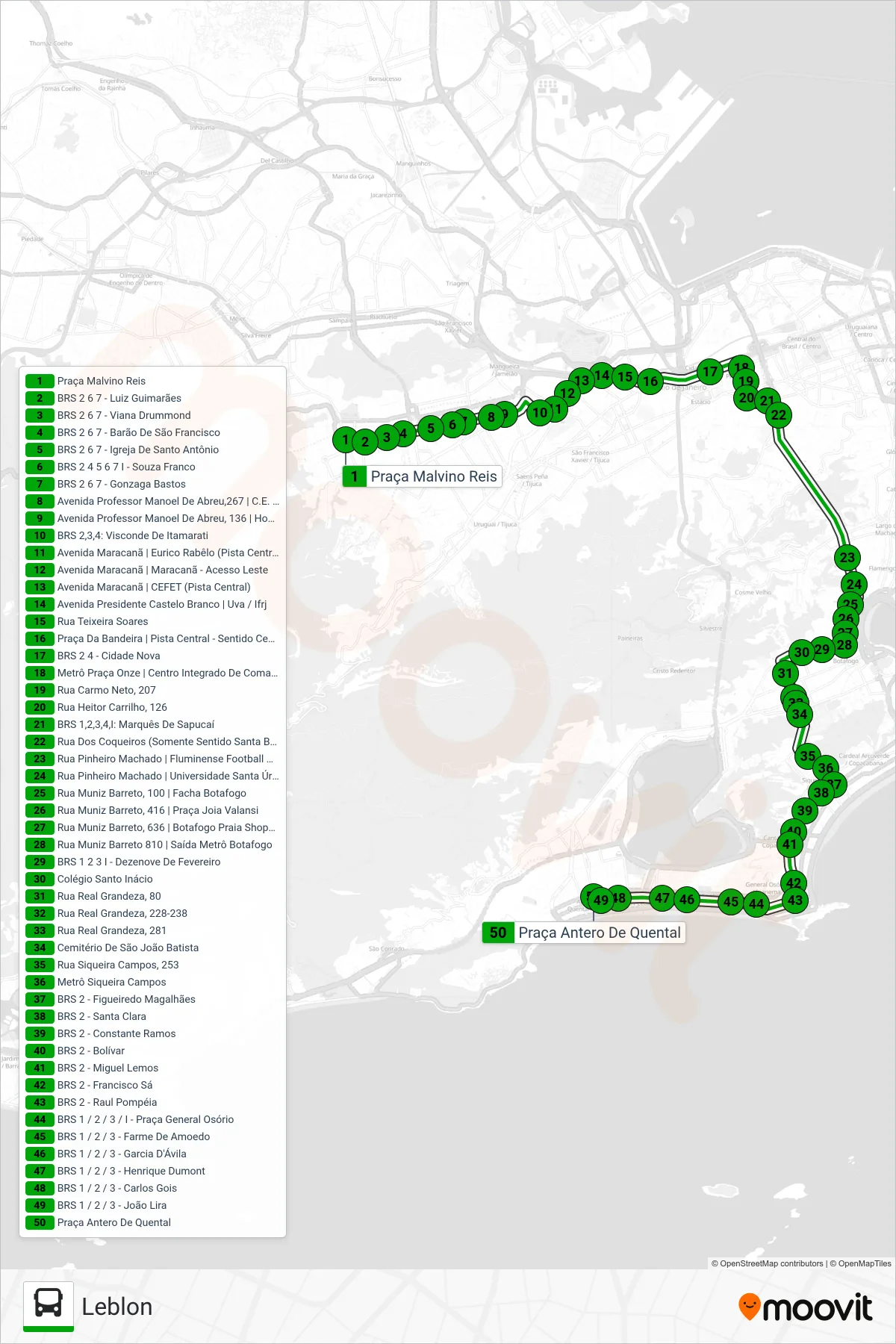 Rota e paradas da linha de ônibus 435 (Leblon) no mapa