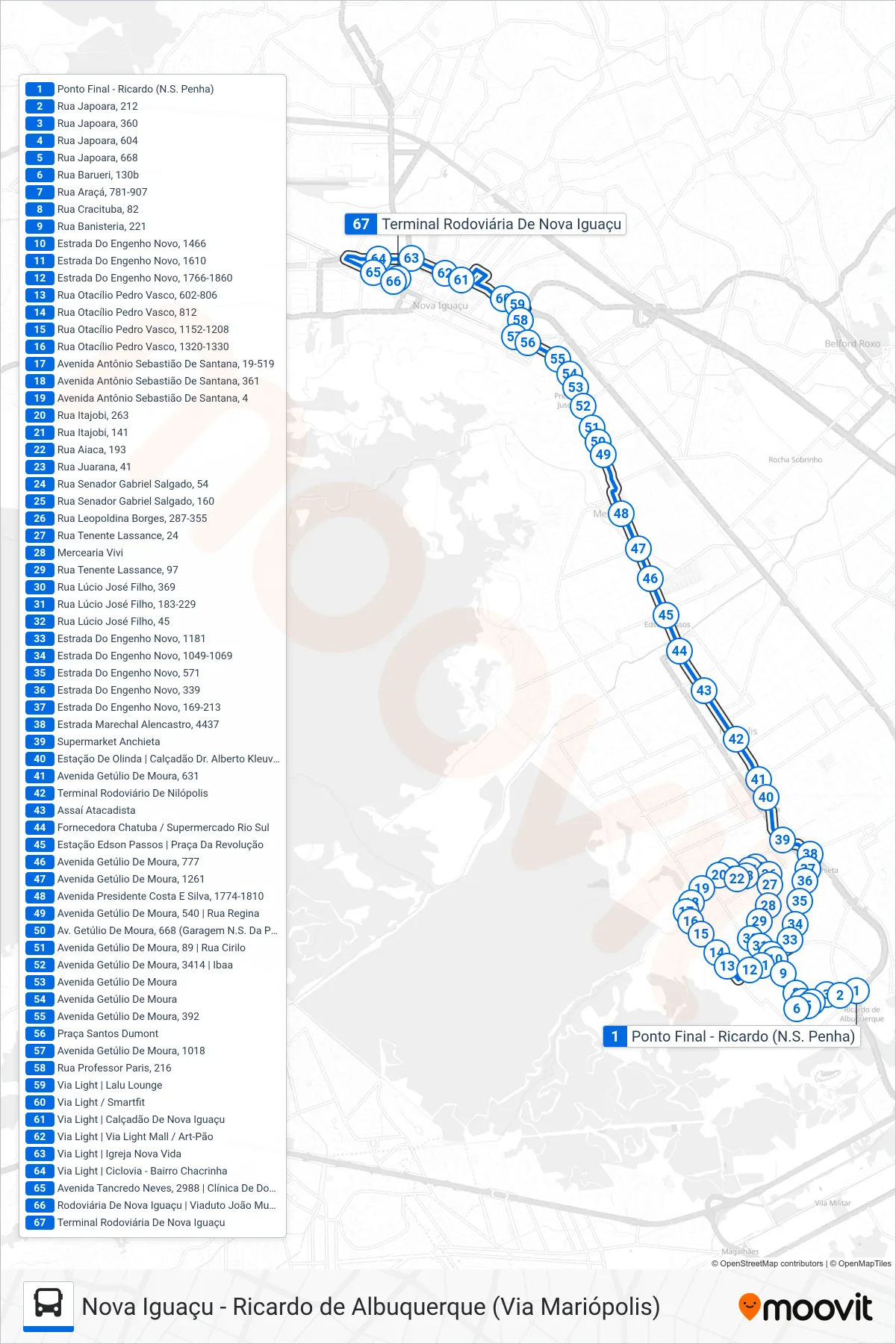 Rota e paradas da linha de ônibus 540L (Nova Iguaçu) no mapa