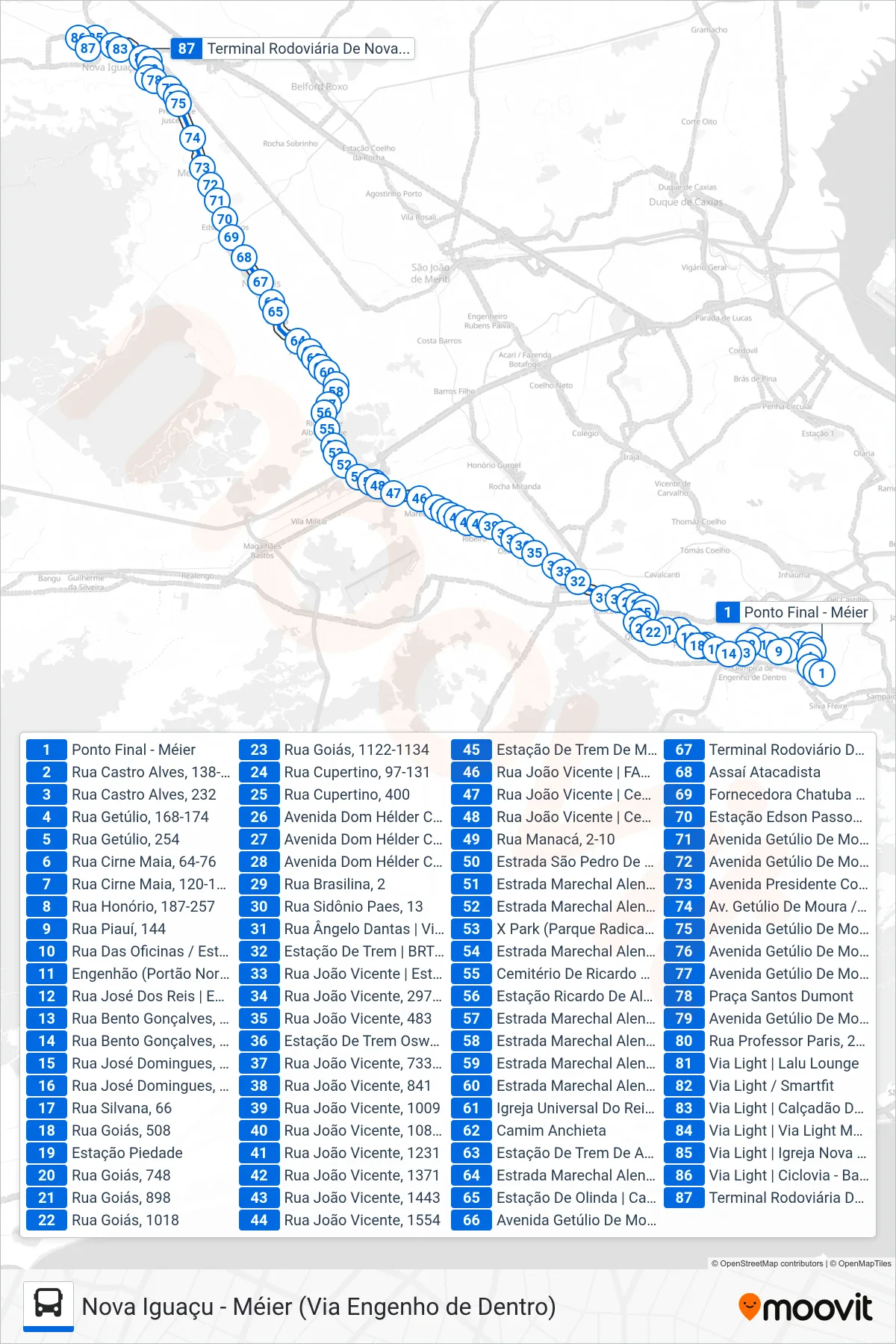 543L bus Line (Nova Iguaçu) route and stops on a map