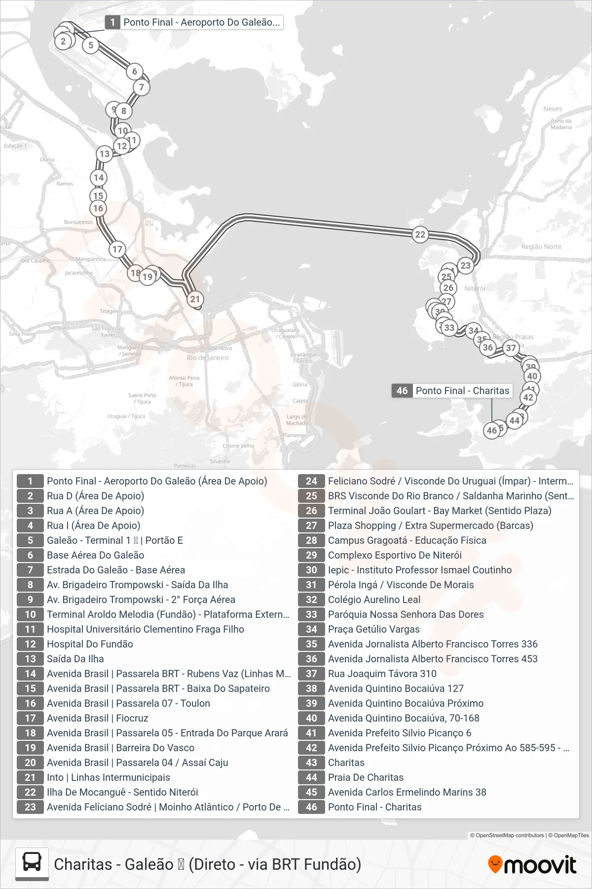 Rota e paradas da linha de ônibus 762D (Charitas) no mapa