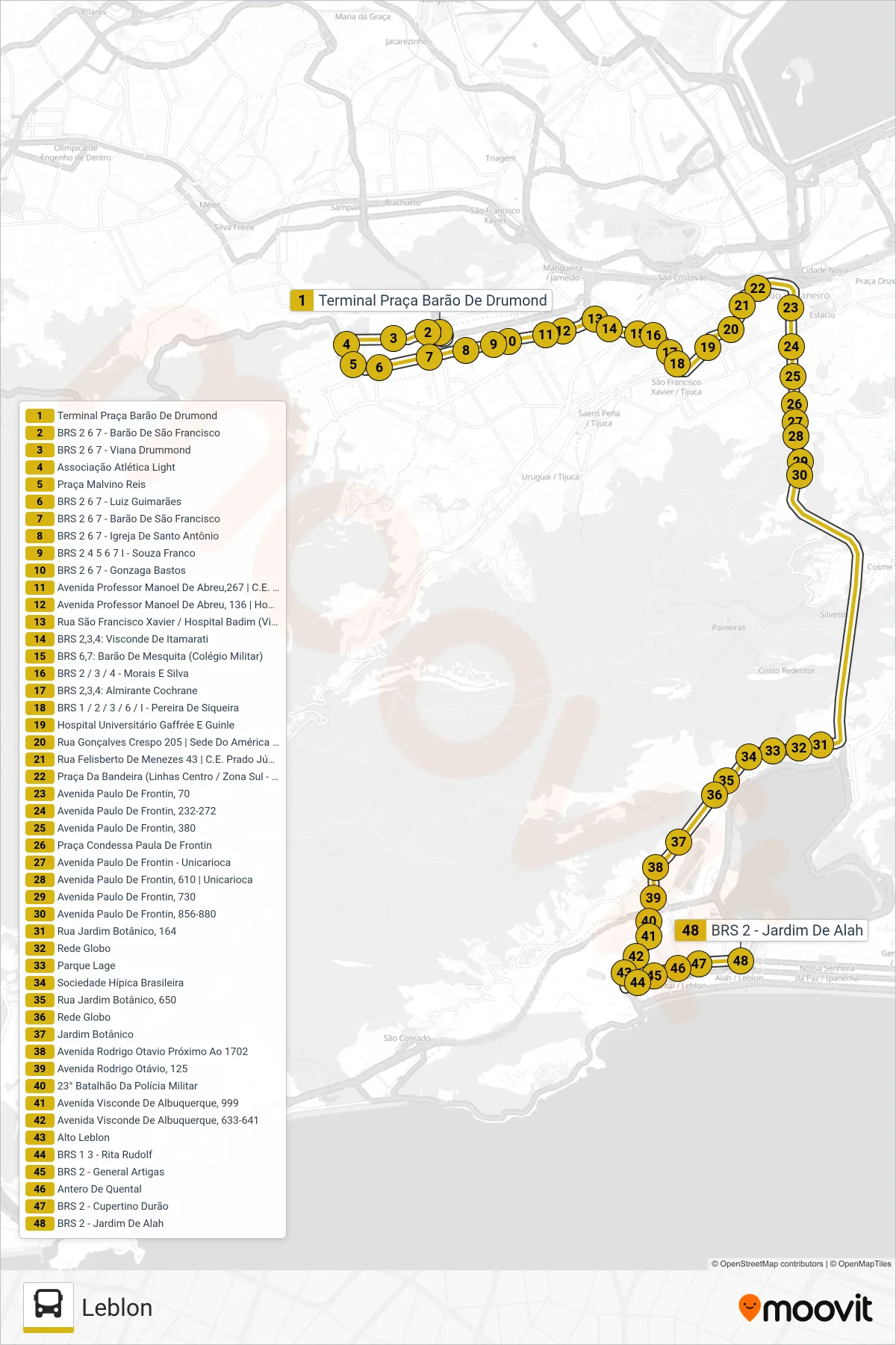 LECD154 bus Line (Leblon) route and stops on a map