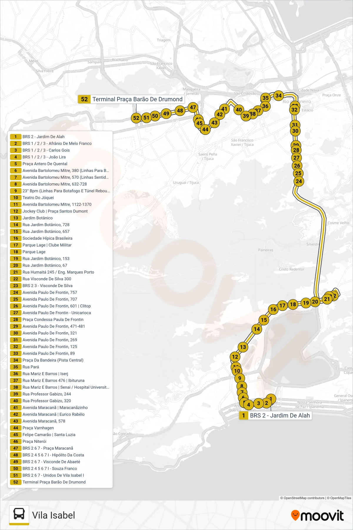 Rota e paradas da linha de ônibus LECD154 (Vila Isabel) no mapa