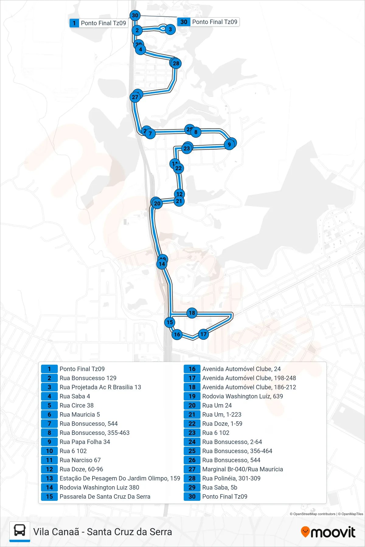 Rota e paradas da linha de ônibus TZ09 (Santa Cruz da Serra) no mapa