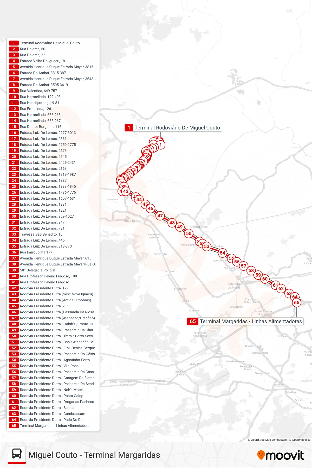 Rota e paradas da linha de ônibus 790I (Terminal Margaridas) no mapa