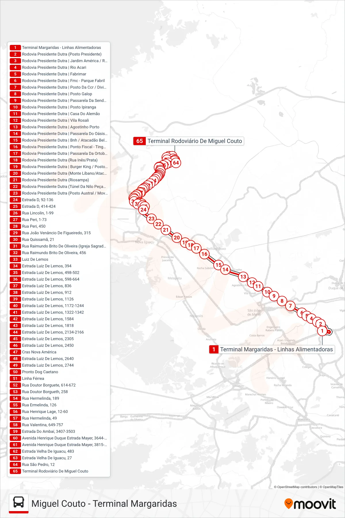 Rota e paradas da linha de ônibus 790I (Miguel Couto) no mapa