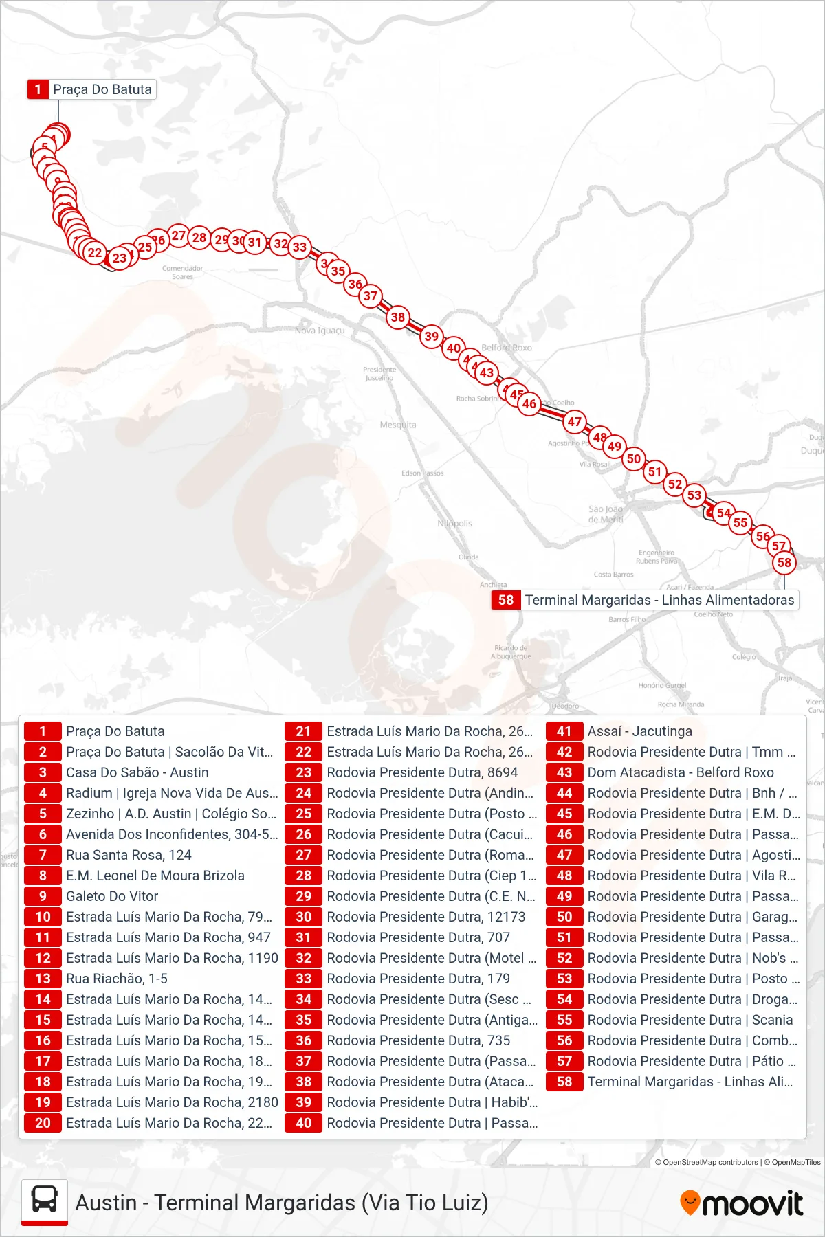 Rota e paradas da linha de ônibus 791I (Terminal Margaridas) no mapa