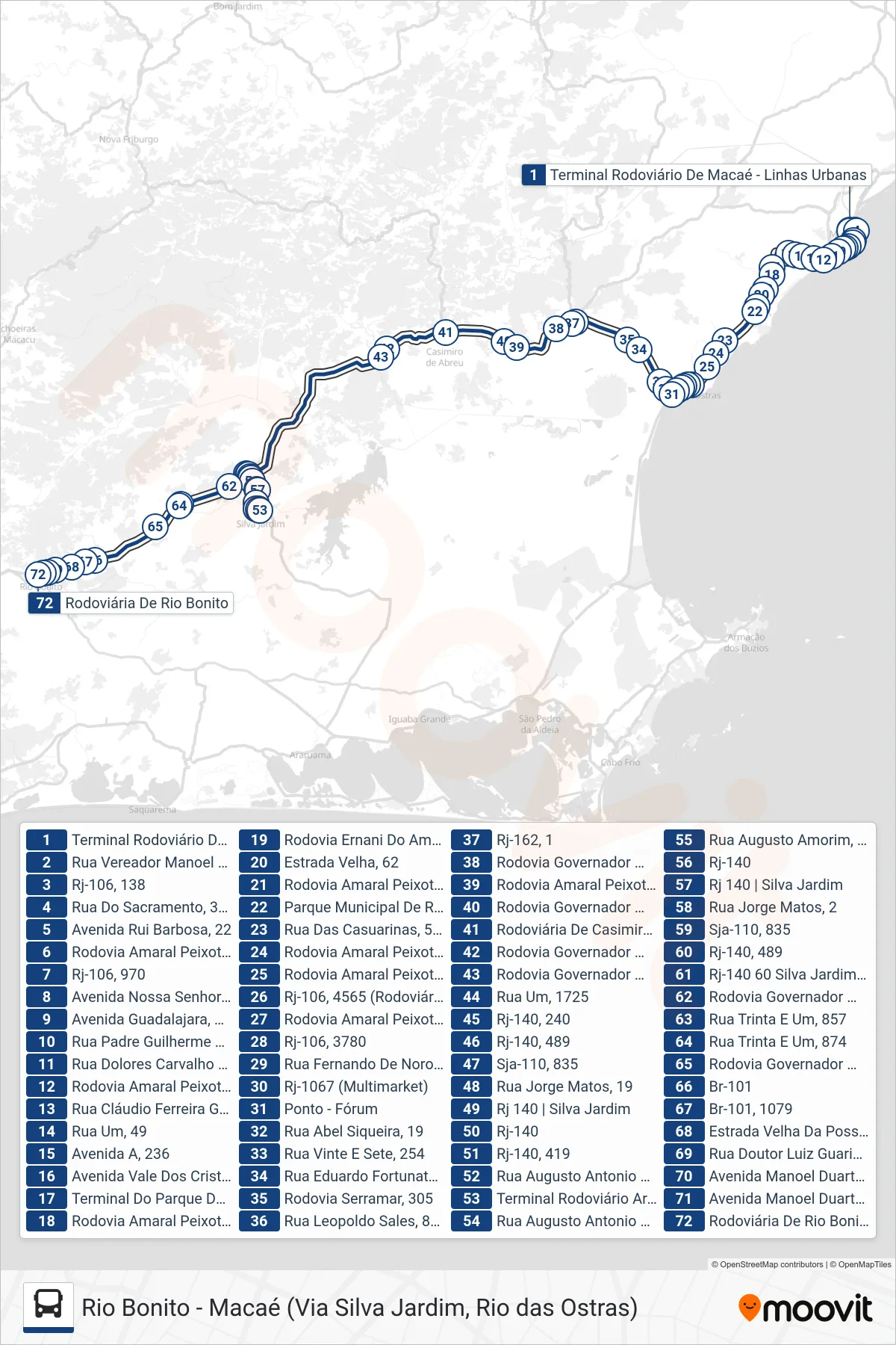 Rota e paradas da linha de ônibus B137 (Rio Bonito) no mapa