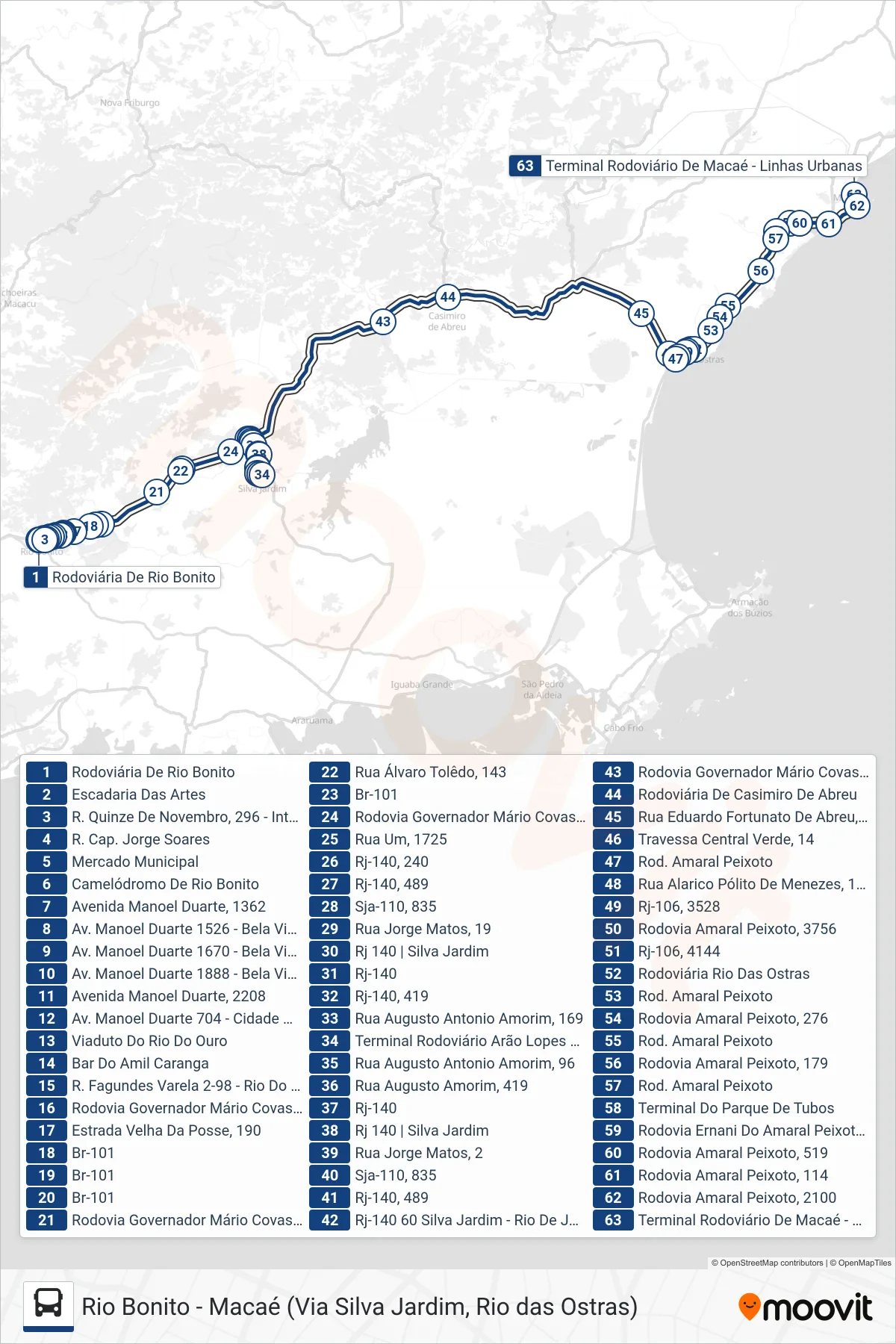 Rota e paradas da linha de ônibus B137 (Macaé) no mapa