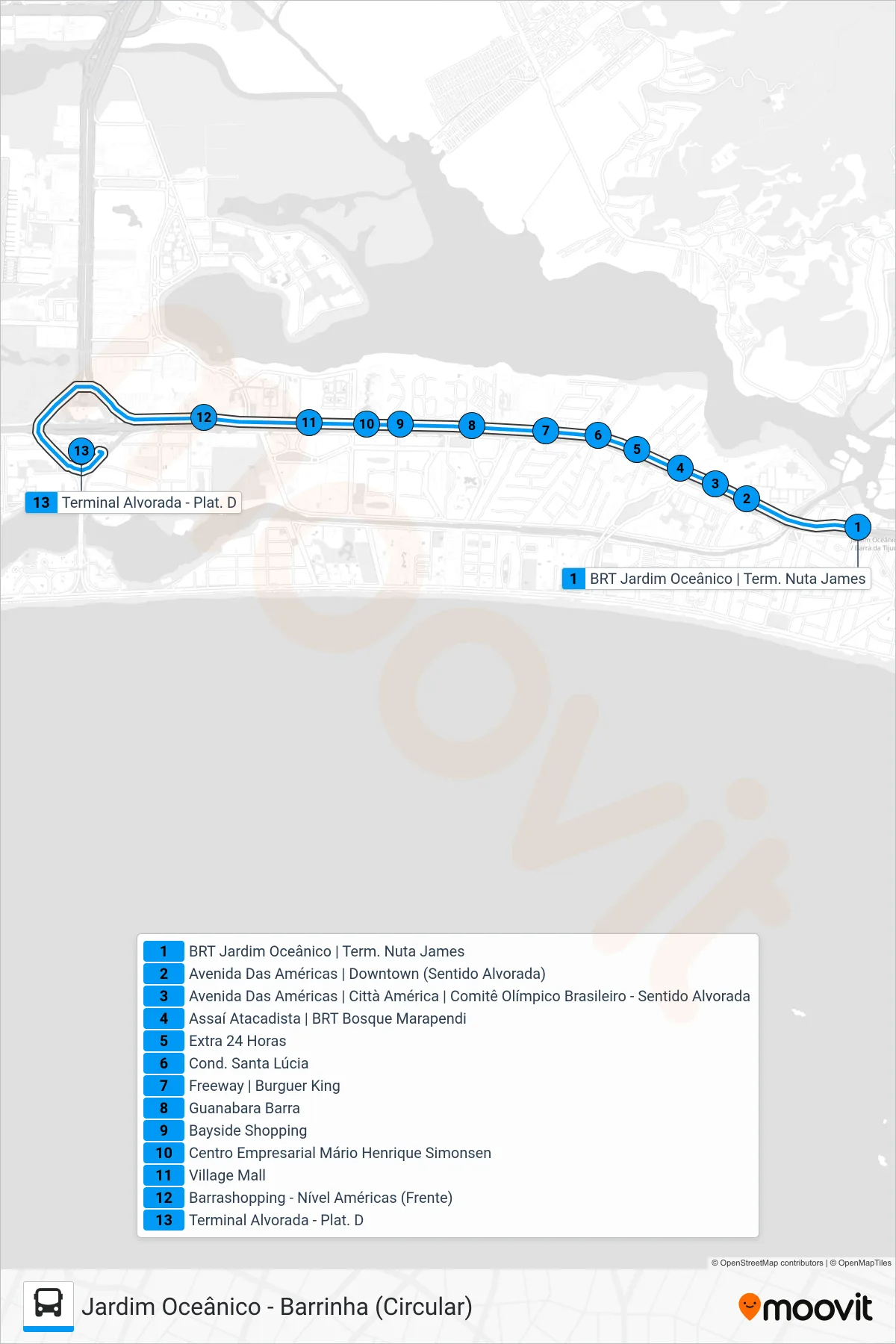 844 bus Line (Alvorada) route and stops on a map