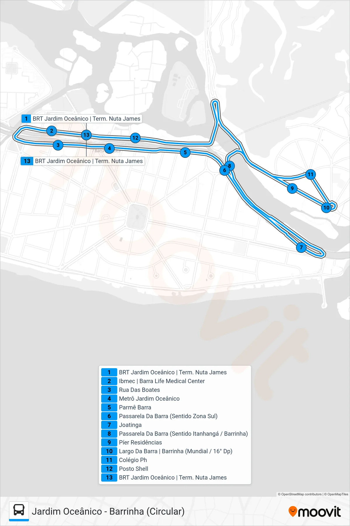 Rota e paradas da linha de ônibus  844  (Jardim Oceânico ↔ Barrinha (Circular)) no mapa