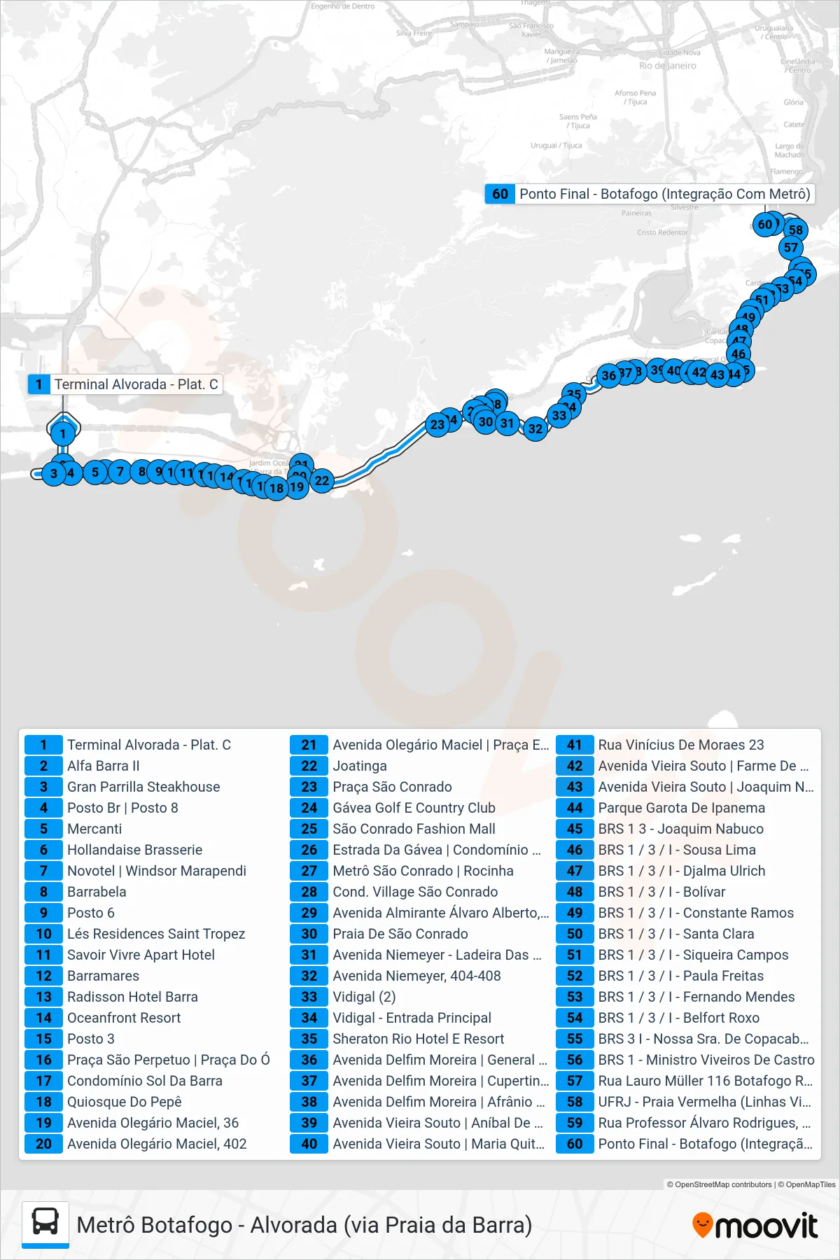 Rota e paradas da linha de ônibus SN 552 (Metrô Botafogo) no mapa