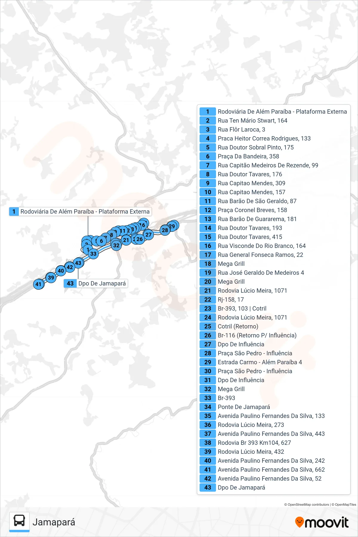 Rota e paradas da linha de ônibus 105 (Jamapará) no mapa