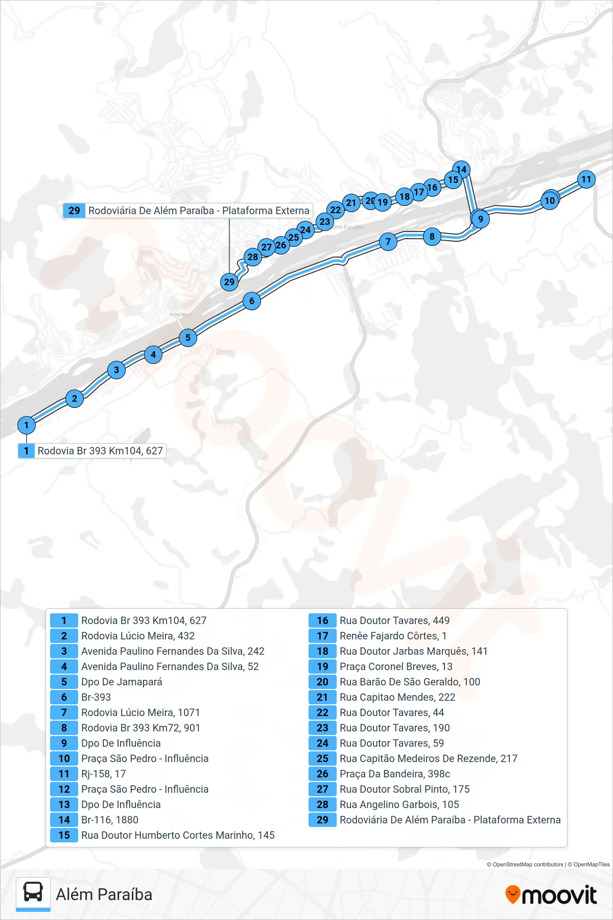 Rota e paradas da linha de ônibus 105 (Além Paraíba) no mapa