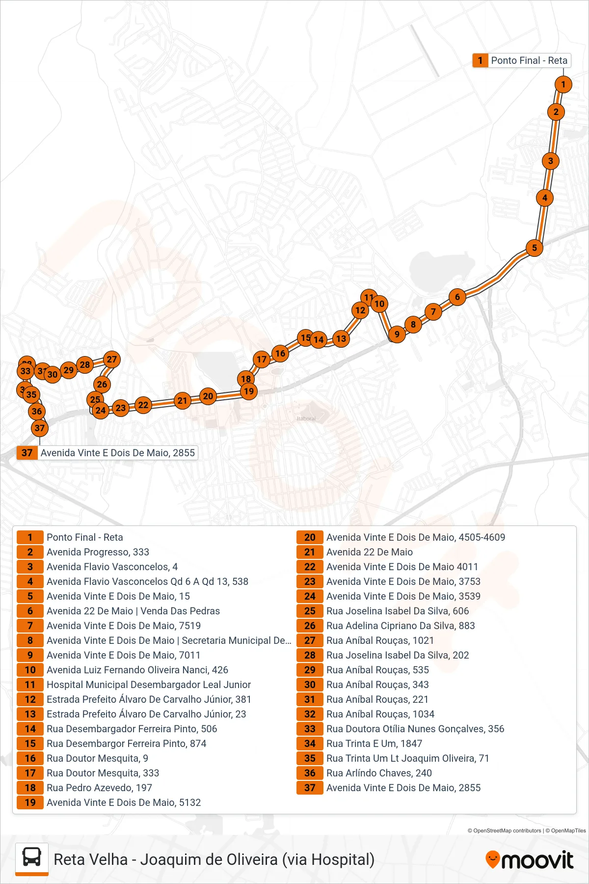 Rota e paradas da linha de ônibus  01  (Joaquim de Oliveira) no mapa