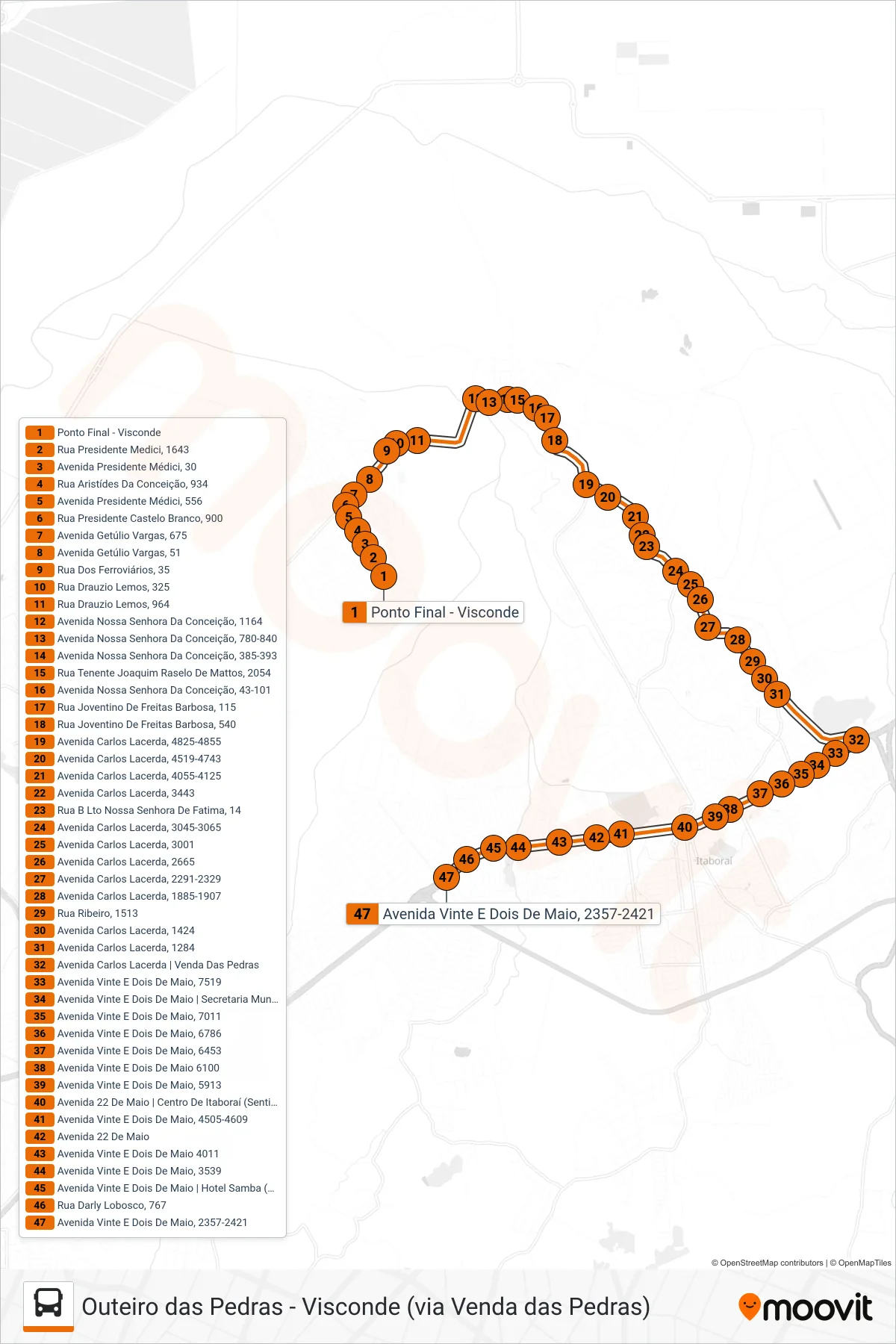 Rota e paradas da linha de ônibus 04 (Outeiro das Pedras) no mapa