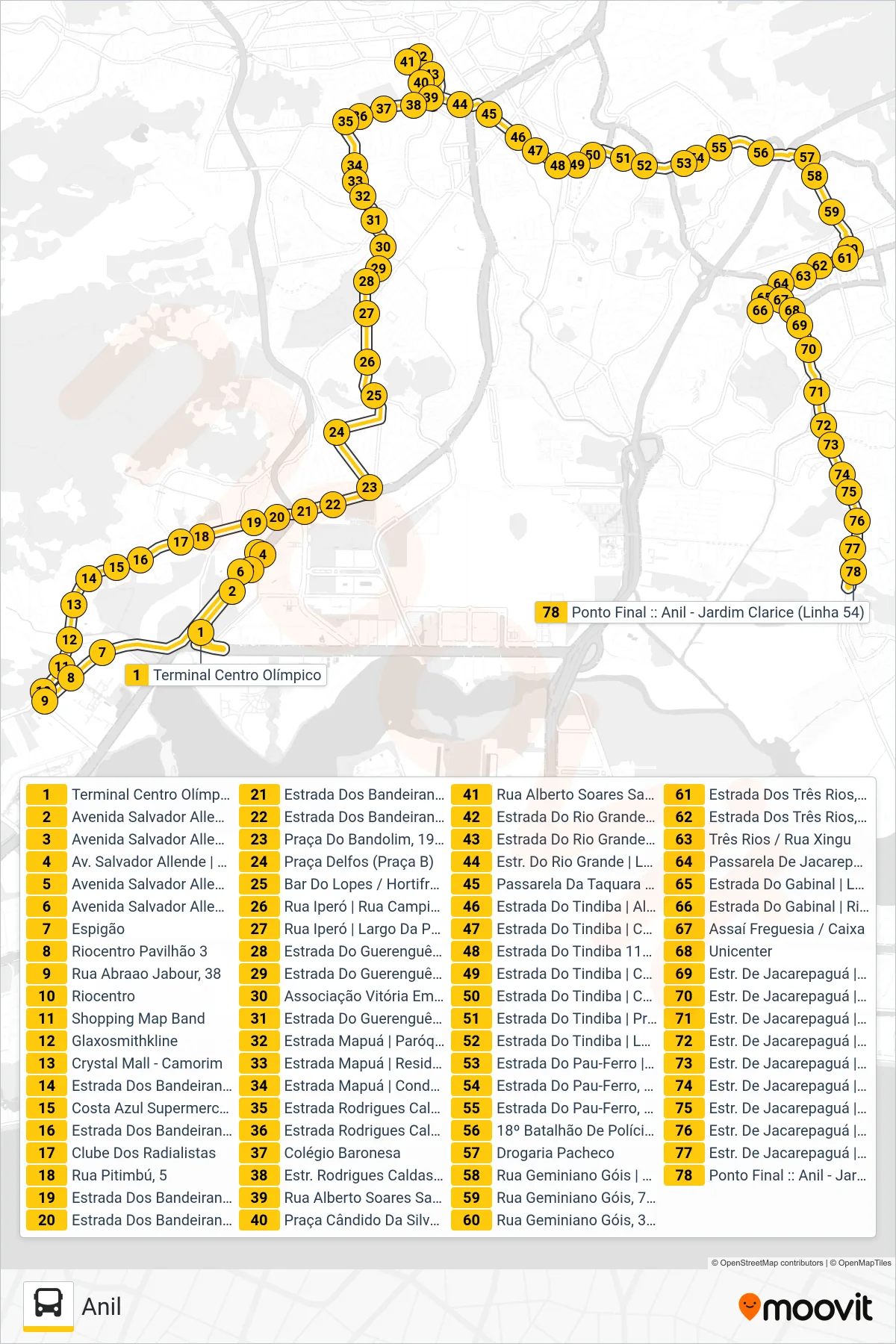Rota e paradas da linha de ônibus  54  (Anil) no mapa