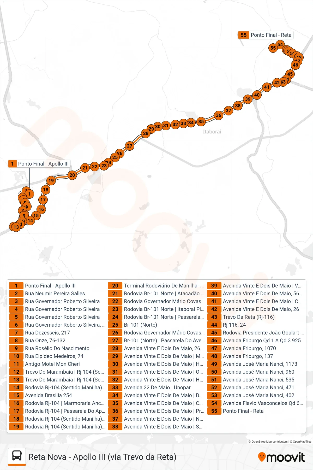 Rota e paradas da linha de ônibus 16B (Reta Nova) no mapa