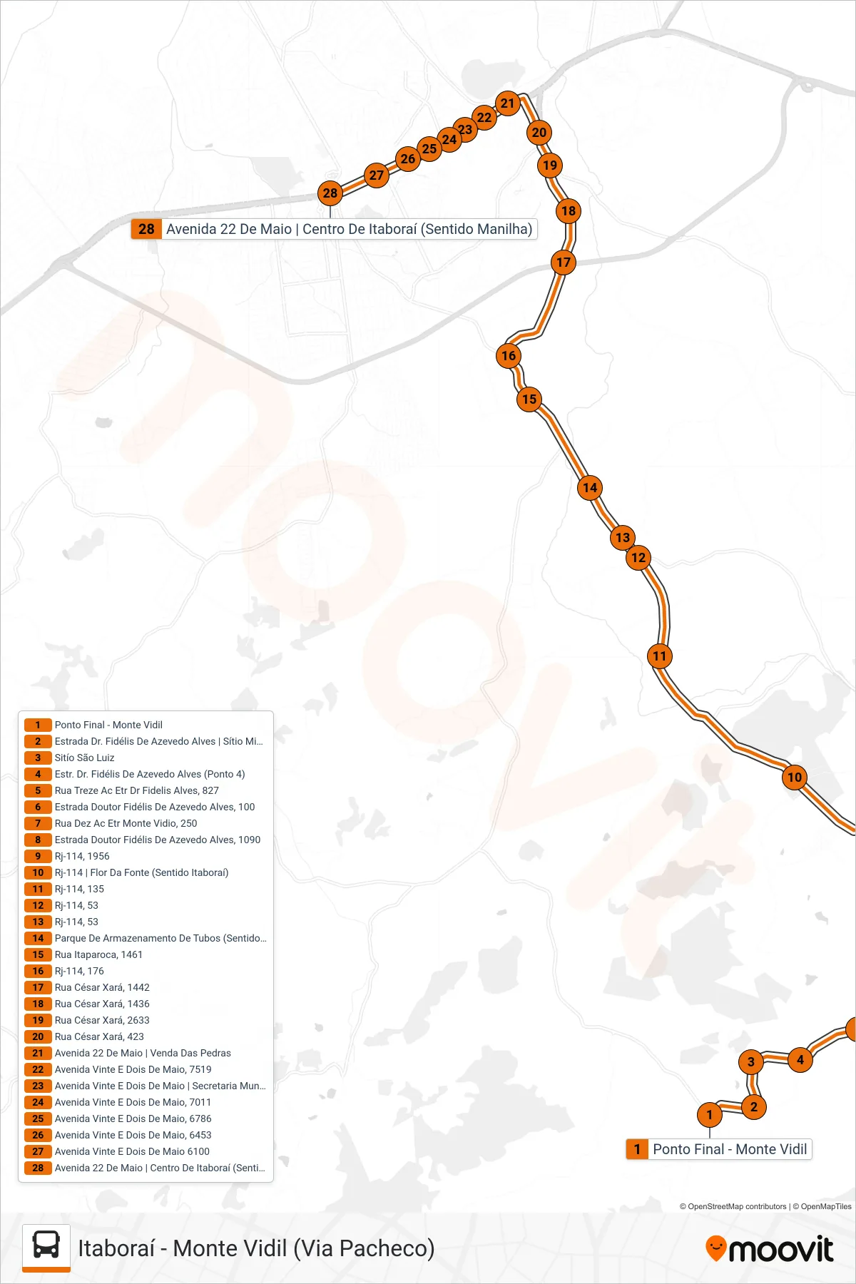Rota e paradas da linha de ônibus 31B (Centro de Itaboraí) no mapa