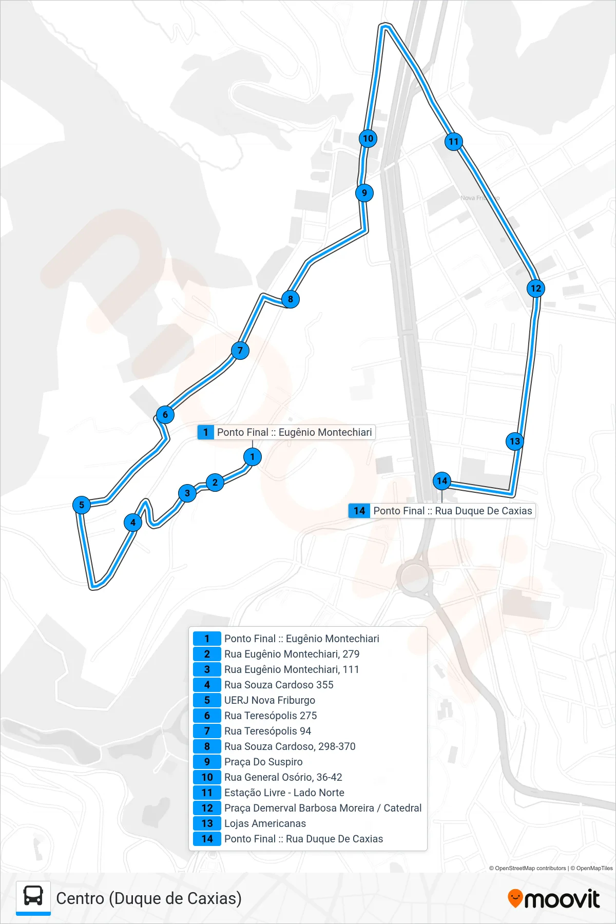 Rota e paradas da linha de ônibus 04C (Centro (Duque de Caxias)) no mapa