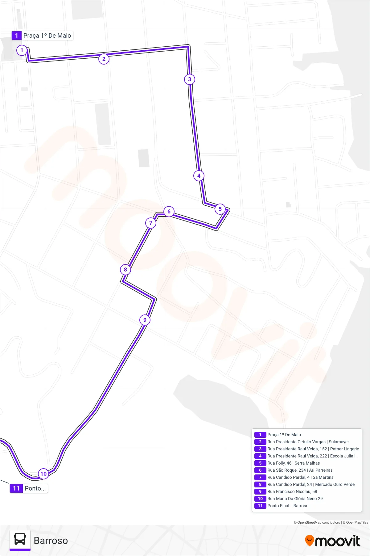 Rota e paradas da linha de ônibus 100 (Barroso) no mapa