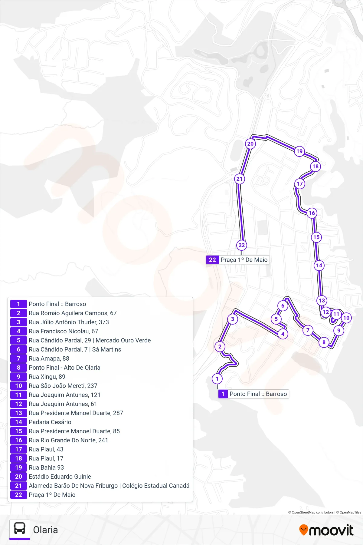 Rota e paradas da linha de ônibus 100 (Olaria) no mapa